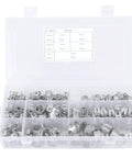 Genuine 304 Stainless Steel Spring Hose Clamps For Fuel Lines And Air Vacuum Pipes. Super Tough Anti Rust Silver Clips Fit 6.5 To 18mm Engine Bays And Petrol Hoses For Quick Repair Jobs And Heavy Duty Auto Work Today. 160-piece organizer box with 6.5-18mm stainless steel hose clamps