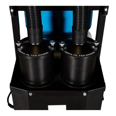 HD2 Two Motor HEPA Dust Collector With Reverse Air Jet Pulse Filter Cleaning System And Hella Powerful Dual Motors For Crushing Sawdust In Your Favorite Workshop Or Weekend Garage Built Solid As Nails In The Usa showing dual HEPA filters and hoses.