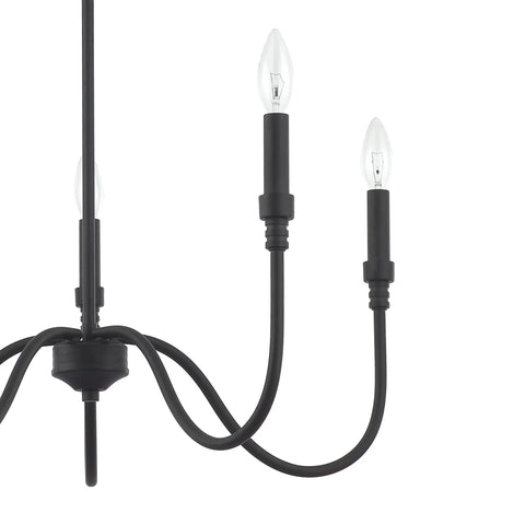 Close-up of Five Light Farmhouse Linear Pendant Chandelier for Kitchen Island Dining and Living Room Matte Black Finish Sturdy Metal Iron Frame