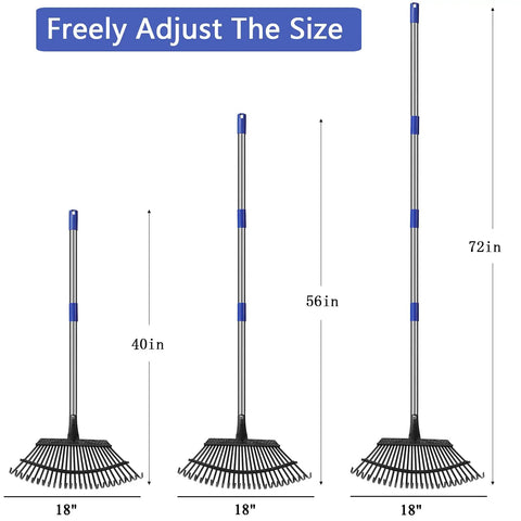 Heavy Duty Garden Rake With Adjustable Long Handle And Stainless Steel Pole Six Feet Tall 25 Tines For Leaves illustration