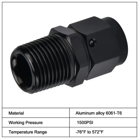 Beefy 6AN Female to 3/8 NPT Male Swivel Aluminum Fitting Black Anodized 6061-T6, High Pressure 1500 PSI, Wide Temperature Range -60C to 300C, Rugged Aluminum Quick Connect for Serious Performance Builds, black fitting