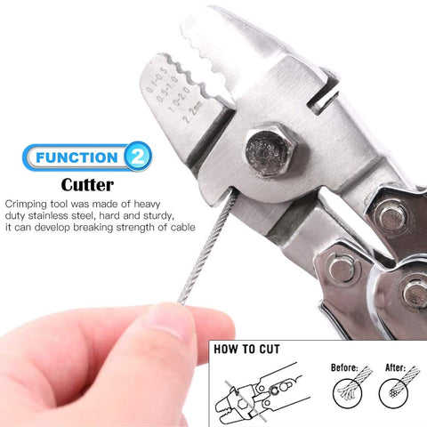 Close-up of 2.2mm Wire Rope Crimping Tool Kit With 150Pcs 3 Size Aluminum Double Barrel Ferrule Sleeves in use cutting cable