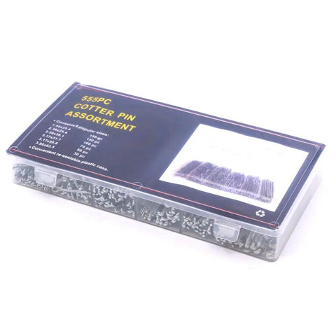 Ultimate 555-Piece Heavy Duty Cotter Pin Assortment Kit with Tough Zinc Plated Steel, case showing sizes 1/16 to 1/8 inches.