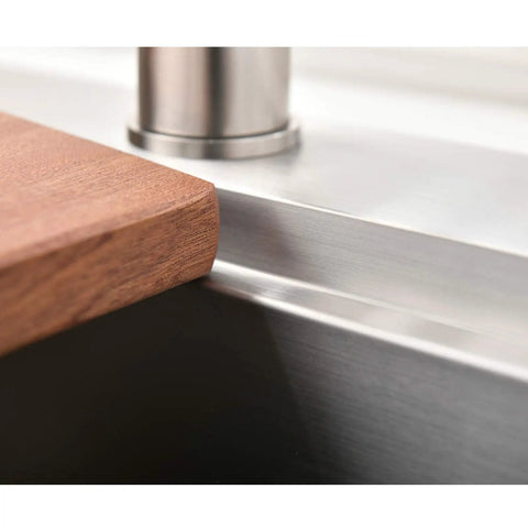 Close-up of Stainless Steel Bar Sink 15 x 15 Inch Drop In Topmount Workstation Single Bowl with wood accessory and 3mm rim