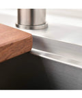 Closeup of rim and cutting board of Stainless Steel Bar Sink Drop In 15 By 20 Inch Topmount Single Bowl Workstation Kitchen Sink
