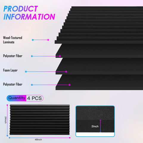 4 Pack Heavy Duty Acoustic Foam Panels 48 By 24 By 2 Inches Sound Proof Wall Tiles detailed with foam and polyester fiber layers.
