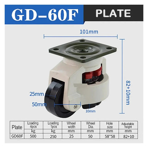 Heavy Duty Retractable Leveling Casters Adjustable Caster Wheels for Equipment Stabilization with dimensions shown.