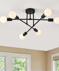 Six Lights Sputnik Style Semi Flush Mount Ceiling Chandelier In Black Finish With E26 Bulb Base Modern Ceiling Light Fixture