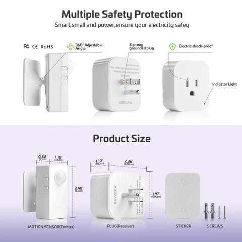 Specifications and features of Plug And Play Wireless Motion Sensor Outlet With Light Sensor No WiFi No App Auto And Sleep Modes.