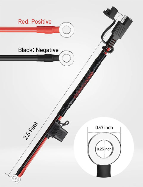 Straight Up Heavy Duty 2.5 Foot SAE Extension Cable With Inline Fuse Pack For Trickle Charging Motorcycles And Solar Panels Beast Mode Quick Disconnect Terminal Harness No Sweat with positive and negative terminal details.