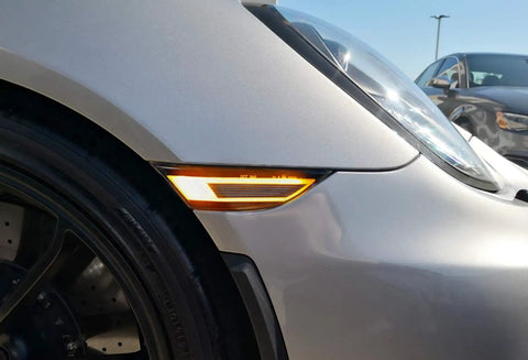 GT RS Style Raised 3D Smoked Lens Amber Full LED Front Side Marker Light Kit installed on Porsche 911, side view