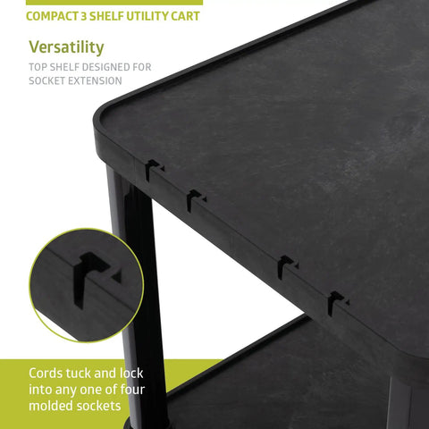 Close-up of black 3 Tier Compact Utility Cart With Lockable Wheels Heavy Duty Plastic Organizer showcasing top shelf and sockets.