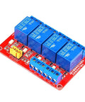 4-Channel 5V Relay Module With High And Low Level Trigger for Arduino Raspberry Pi, shown with four blue relays on red PCB