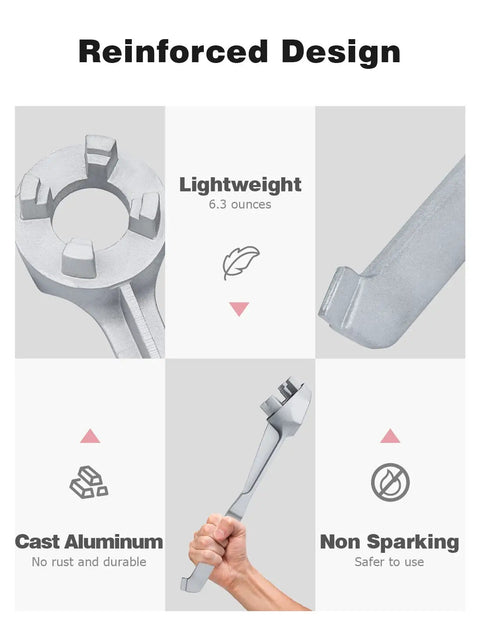 Lightweight Aluminum Drum Wrench For Gallon Drums Opens Two Inch And Three Quarter Inch Bung Caps On Ten To Fifty Five Gallon Barrels One Piece Cast Aluminum Non Sparking Rust Resistant Drum Opener For Home Shop Or Farm with reinforced design and non-sparking features