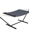 Two Person Hammock With Space Saving Steel Stand Included Outdoor Portable Hammock Lounge For Backyard And Garden Handmade Cotton Rope With PP Cotton Pad And Pillow Dark Gray