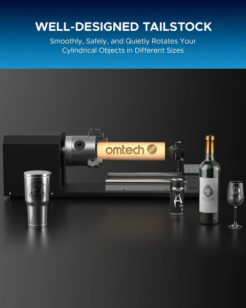 Rotary Cutter and Engraver Attachment With Three Jaw Chuck and Two Phase Stepper Motor for CO2 Laser Engraving Machines shown with cylindrical objects