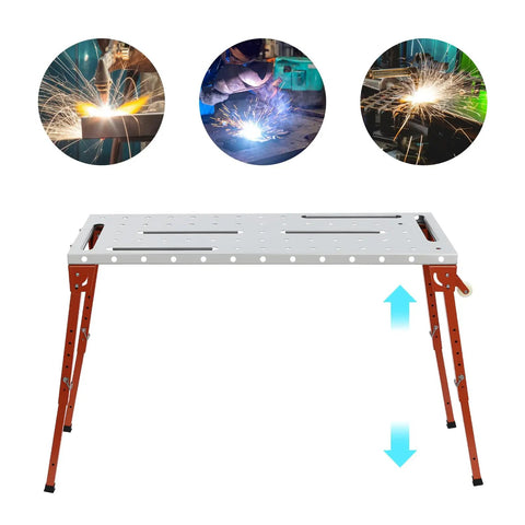 Heavy Duty Welding Table And Workbench With 46 By 18 Inch Foldable Cart showing adjustable height and multi hole worktop.