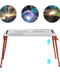 Heavy Duty Steel Welding Table With Adjustable Height And Foldable Legs, Portable Workbench boasting 1000 Lb Capacity, shown at adjustable height.
