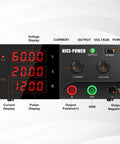 High Power DC Bench Power Supply 0-60V 0-20A 1200W With Encoder Knob And Output Switch Adjustable Regulated For Repair And Test Benchtop Power Source Black front panel with LED displays and terminals