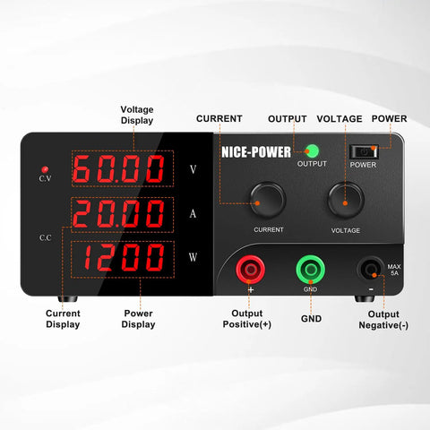 High Power DC Bench Power Supply 0-60V 0-20A 1200W With Encoder Knob And Output Switch Adjustable Regulated For Repair And Test Benchtop Power Source Black front panel with LED displays and terminals