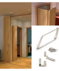 Kick Up Your Place With This Heavy Duty Stainless Steel Barn Door Hardware Kit Featuring Wide Folding Door Hinges Built Tough For Super Slick Operation Rock Solid Rust Proof Finish Easy Install Indoors Or Outdoors with installed wooden door.