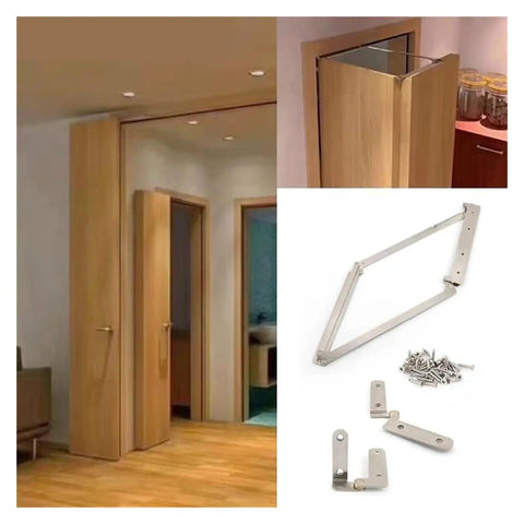 Kick Up Your Place With This Heavy Duty Stainless Steel Barn Door Hardware Kit Featuring Wide Folding Door Hinges Built Tough For Super Slick Operation Rock Solid Rust Proof Finish Easy Install Indoors Or Outdoors with installed wooden door.