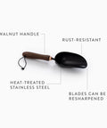 Garden Scoop Shovel For Transplanting And Planting Stainless Steel Do It All Hand Digging Tool With Wide Bowl Small Garden Shovel For Home Garden Work Walnut Black Finish, labeled features