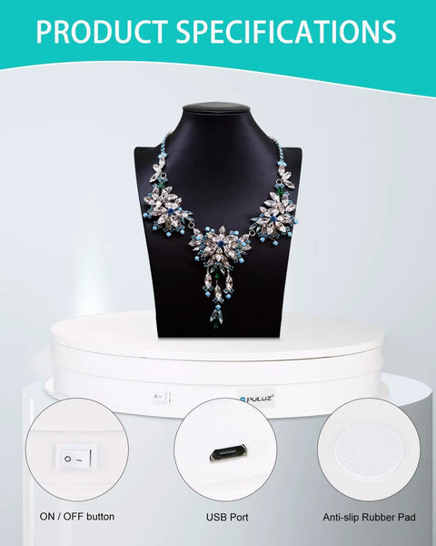 Product specifications for 12 Inch Motorized Rotating Turntable Display Stand With 360 Degree Spin, showing controls and rubber pad.