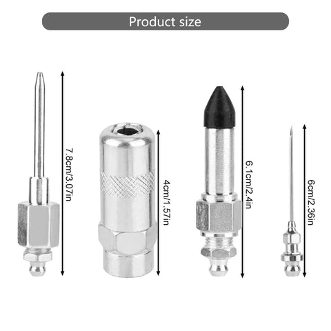 Pro Grade Grease Needle Attachment Set With Leakproof Double Connection Design, 9pc, product size dimensions shown