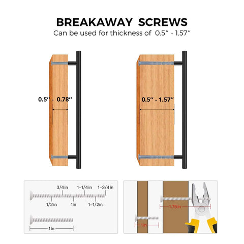 Diagram showing installation of Five Pack 10 Inch Matte Black Cabinet Handles, anti-stain finish, including breakaway screws.