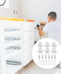 Installer using drill on cabinets with inset view of 35Pcs Door Ball Catch Cabinet Hardware Kit With Cold Rolled Steel Double Roller Latches.