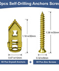 120 Piece Self Drilling Drywall Anchors With Screws Kit In Zinc Plated Steel, includes 60 drywall anchors and 60 screws