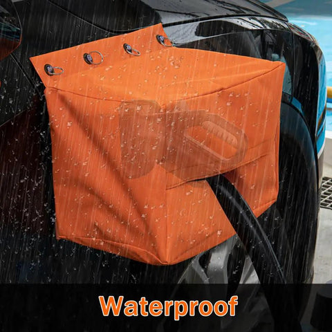 Straight Up Heavy Duty EV Charger Plug Cover Waterproof Outdoor Charging Port Protector Built Tough 600D Oxford Fabric in rain.