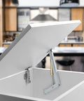 2 Pack Soft Close Box Hinges With 100N Gas Struts For Heavy Wooden Boxes installed on a white kitchen cabinet, showcasing lid support.