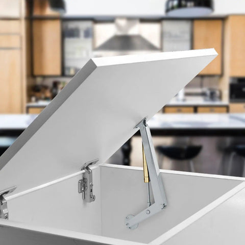 2 Pack Soft Close Box Hinges With 100N Gas Struts For Heavy Wooden Boxes installed on a white kitchen cabinet, showcasing lid support.