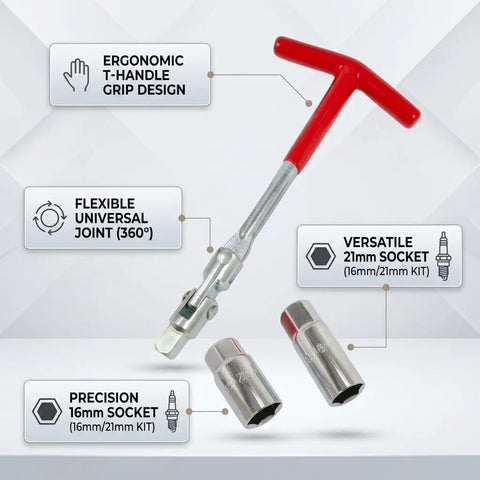 T-Handle Spark Plug Socket Wrench With Swivel Head And Extended 16Mm 21Mm Sockets 3 Piece Set showing ergonomic grip and socket details.