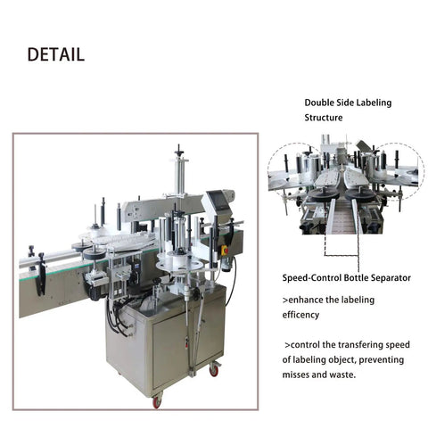 Automatic Double Side Square Bottle Labeling Machine With Snappy Touchscreen Interface And Rock Solid Conveyor for zero fuss front back labeling setup.