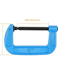 Beefy 4 Inch C Clamps Set, Malleable Iron G Clamps For Woodworking And Metalworking, 4 inch blue clamp with measurements
