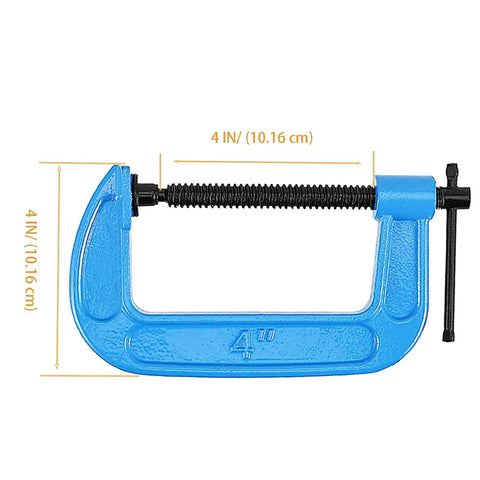 Beefy 4 Inch C Clamps Set, Malleable Iron G Clamps For Woodworking And Metalworking, 4 inch blue clamp with measurements