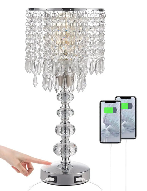 Crystal Table Lamp for Bedroom Nightstand With USB Ports, 3 Way Dimmable Silver Glam Light, touch control and charging phones