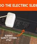 12 Outlet Surge Protector Power Strip With 3420 Joules Of Surge Protection showing sliding safety covers in use.
