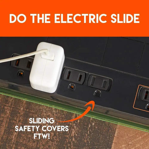 12 Outlet Surge Protector Power Strip With 3420 Joules Of Surge Protection showing sliding safety covers in use.