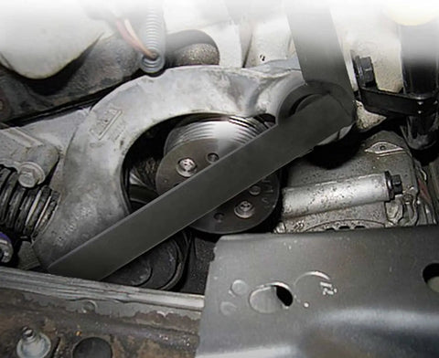 Beefy Heavy Duty Serpentine Belt Removal Tensioner Tool for Mini Cooper S R52 R53 and BMW W11 shown in engine bay