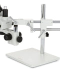 Trinocular Zoom Microscope With 3.5X To 180X Magnification, 144 LED Ring Light, 18MP USB 3.0 Camera, A Real Workhorse Stereo Microscope For Biology, Electronics, QC, And Detailed Inspections., side view on stand with focus knobs and dual rails