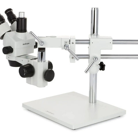 Trinocular Zoom Microscope With 3.5X To 180X Magnification, 144 LED Ring Light, 18MP USB 3.0 Camera, A Real Workhorse Stereo Microscope For Biology, Electronics, QC, And Detailed Inspections., side view on stand with focus knobs and dual rails