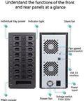 Diagram showing front and rear panels of Eight Bay External Sata Hard Drive Enclosure features, including power and fan controls.