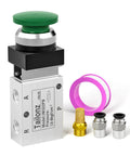 Green Mushroom Push Button Pneumatic Valve With Manual Control, 3 Way 2 Position, 1/4 NPT Ports, valve components, close-up