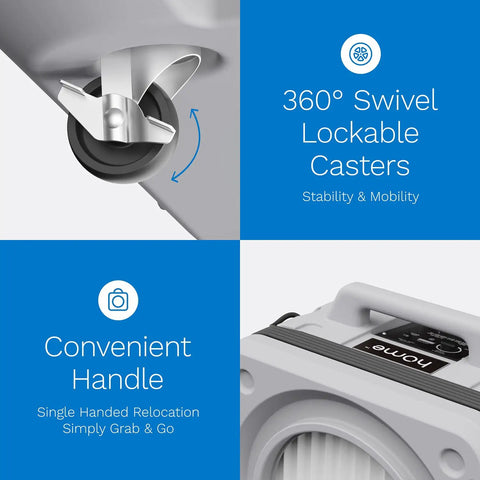 360° swivel lockable casters and convenient handle of Stackable Portable Air Scrubber And Negative Air Machine With Heavy Duty 3-Stage Filtration.