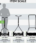 Size comparison of three reel lawn mowers with 14, 16, and 18-inch reels next to a 6-foot silhouette. Product focus: 18 Inch 5 Blade Push Reel Lawn Mower With Adjustable Cutting Height 0.5 To 2.75 Inches, Ball Bearing Blades, 10 Inch Wheels, Old School Alloy Steel Blades For A Sharp Lasting Cut, Grey.