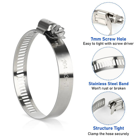 Close-up of stainless steel hose clamp from All In One Hose Clamp Kit For Auto And Plumbing, Ten Pack Stainless Steel Adjustable Worm Gear Clamps From One And A Quarter Inch To Two And A Quarter Inch, A Solid Go To For Radiator Hoses, Fuel Lines And DIY Repairs, showing screw mechanism and band details.